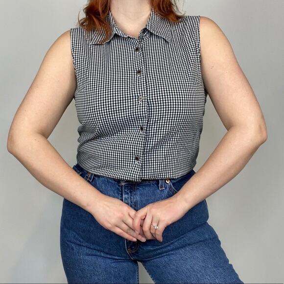 Vintage 90s Chadwick's Black & White Plaid Gingham Print Sleeveless Blouse - Picture 3 of 11